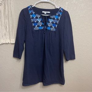 Boden sz 6 Embroidered Bib Tunic Top Scalloped Neck Tie 3/4 Sleeve Cotton Blue